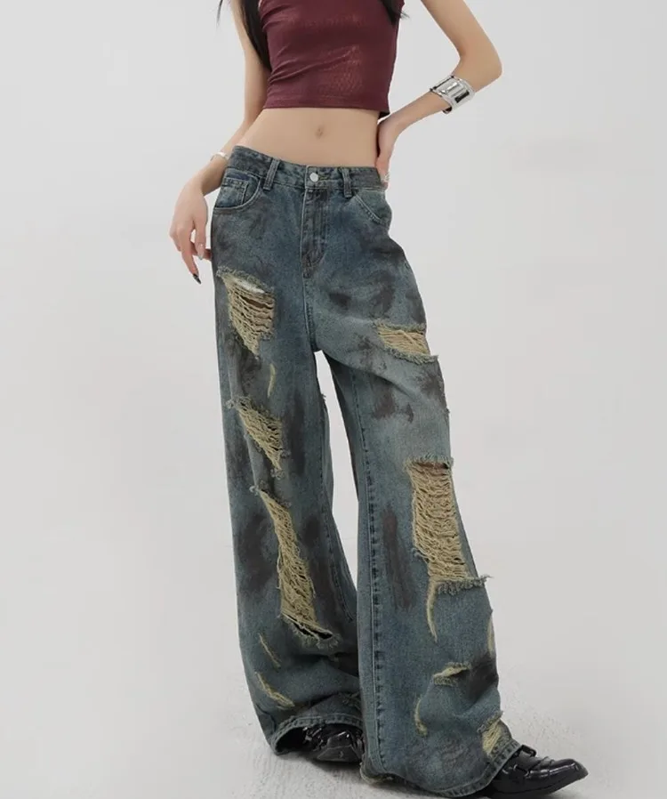 Ladies Casual Baggy Ripped Slouchy Jeans for Women Clothing Girls Fashion Tie-dyed Denim Wide Leg Pants Female Clothes BAAY3561