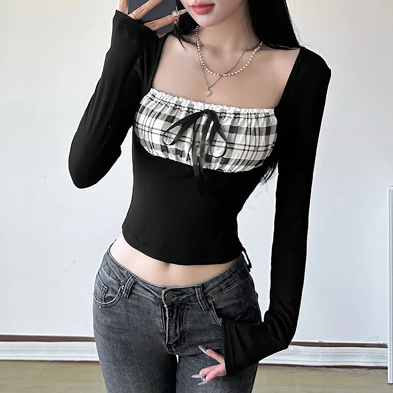 

French age-reducing girl plaid patchwork chest T-shirt women's low square neck pleated slim color lace-up top