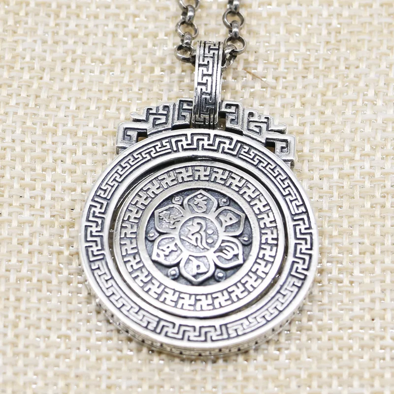 S925 sterling silver retro Om mani padme hum sweater chain pendant female gossip Luoshu Square rotating male taiyin pendant