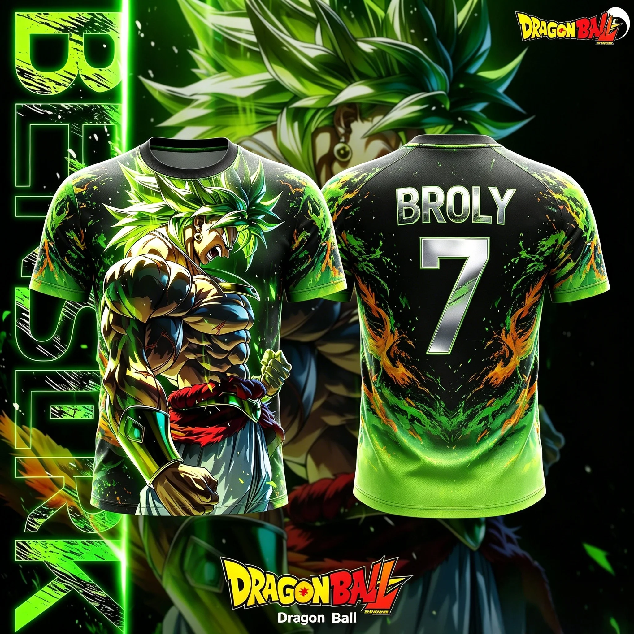 2026 Sommer Dragon Ball Broly Super Saiyan Grün 3D AI-Druck Jersey T-Shirt Übergroß Unisex Herren Damen Kinder Lässiges Anime-Fan-T-Shirt