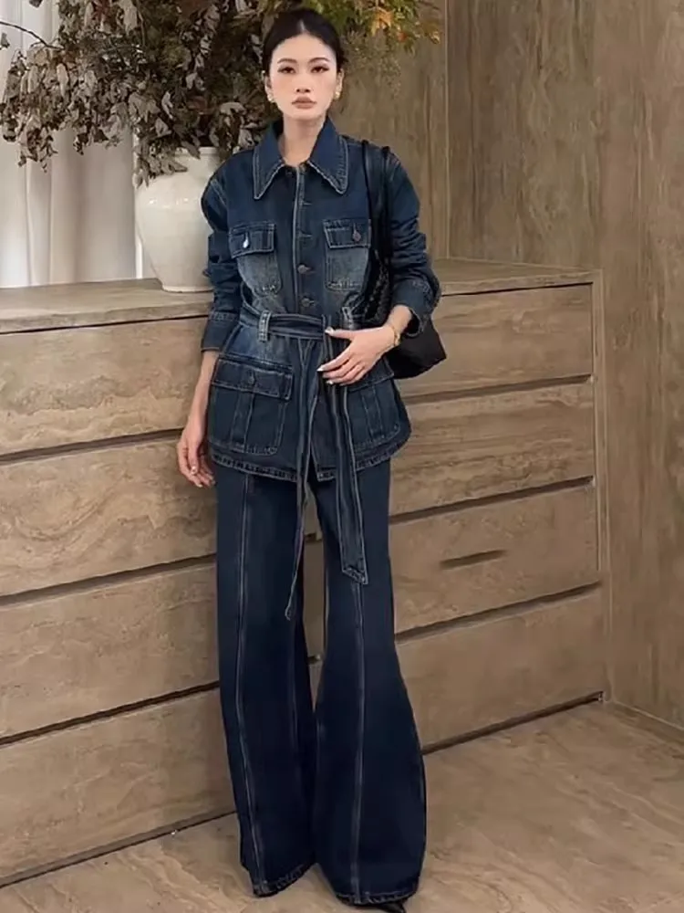 الخريف متعدد جيب الزنانير النساء الدنيم سترة مجموعات طويلة الأكمام كاوبوي دعوى سترات طويلة قطعتين مجموعة واسعة الساق كامل طول بانت