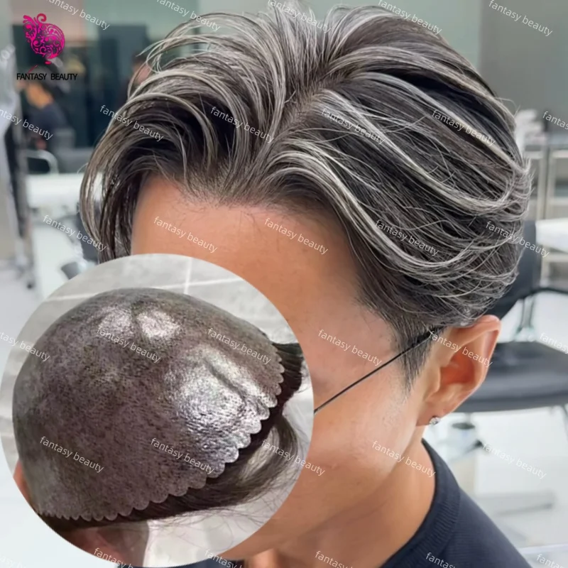 100% Human Prosthesis Hair 130% Density 1b40 1b50 1b65 1b80 Gray Black 0.1mm Thin Skin Injection Transparent Full PU Men Toupee