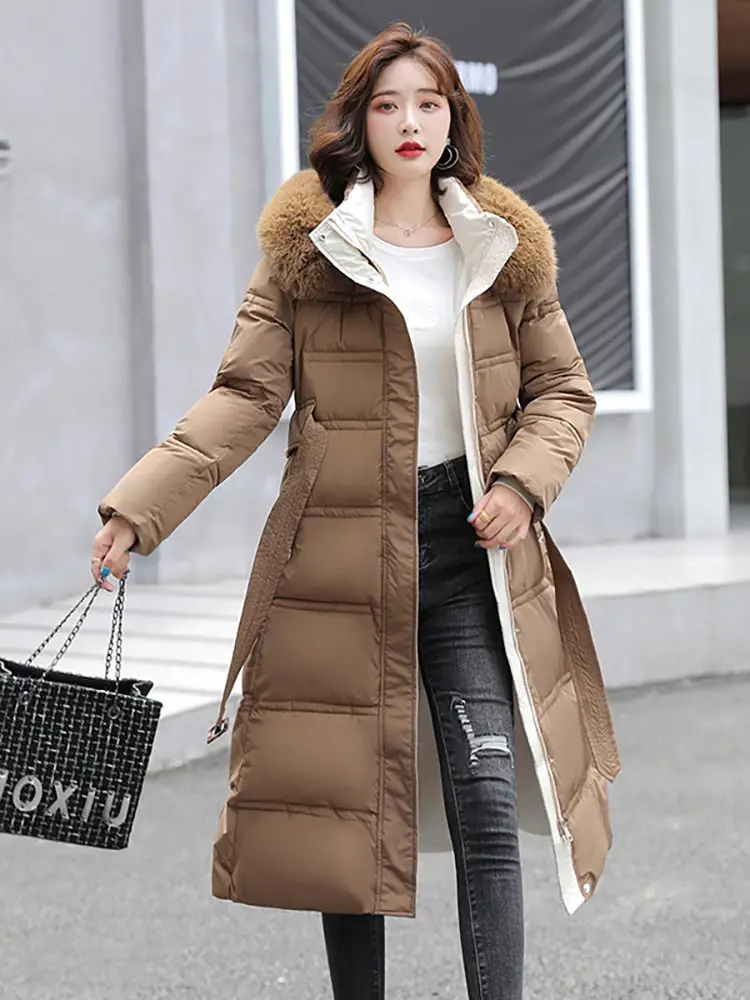 Vielleicht Winter Long Parkas for Women Hooded Fur Collar High Quality Warm Thick Female Coat Snow Wear Jacket Clothes With Belt