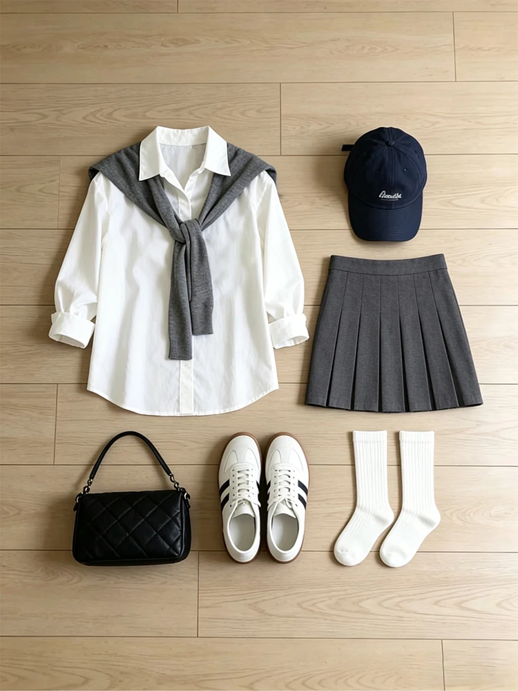 

White Shirt And Skirt Set Women's plus Size Commute Sun Protection Pleated Skirt Two-Piece Set High Waist Regular Sleeve Length