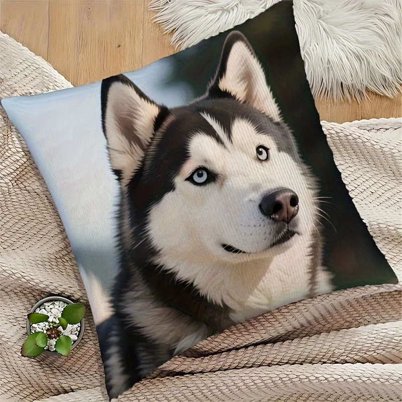 Realistic Husky Dog Print Throw Pillow Cover Cute Blue Eyed Siberian Husky Themed Cushion Case for Pet Lovers Home Sofa  Decor