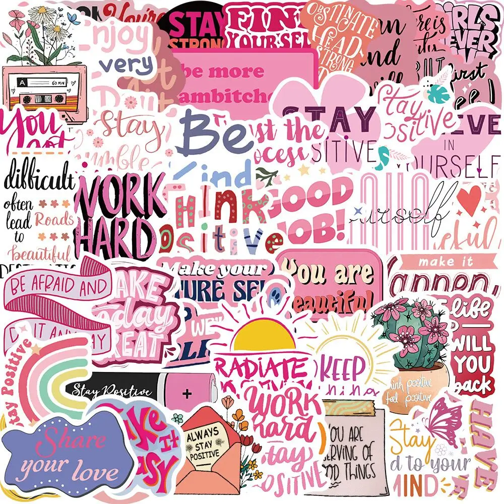 10/50PCS Kawaii Pink Motivational Stickers Inspirational Positive Words Graffiti Decals Scrapbook Notebook Phone Luggage Sticker