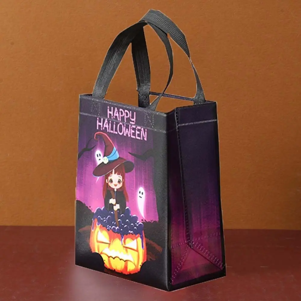 Bolso de mano no tejido con estampado de diablo para Halloween, bolsa de regalo de gran capacidad con diseño creativo de murciélago de dibujos animados y calabaza para compras