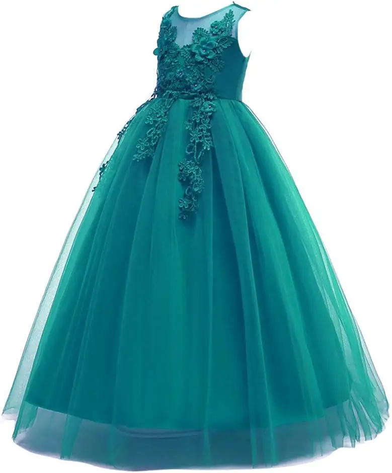 Vestido largo de dama de honor de Encaje Vintage para niña de las flores, vestido de princesa para fiesta de cumpleaños, boda, calcomanía de gasa, vestido de noche de comunión, vestido de baile