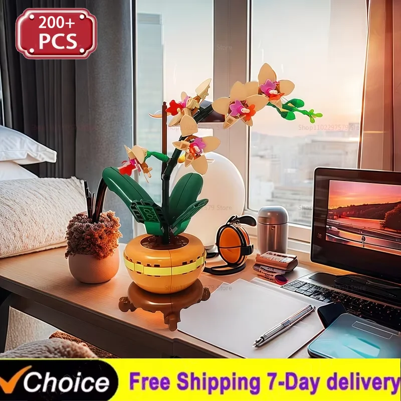 Brand New 200+PCS DIY Mini Orchid Building Blocks Kit Creative Potted Flower Toys Kids Birthday Gift Kids Adults Plant Model