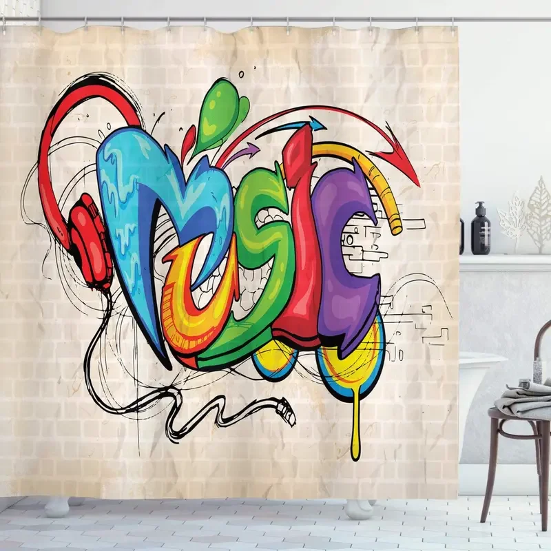 Music Shower Curtain Illustration of Graffiti Style Lettering Headphones Hip Hop Theme on Beige Bricks Cloth Bathroom Decor