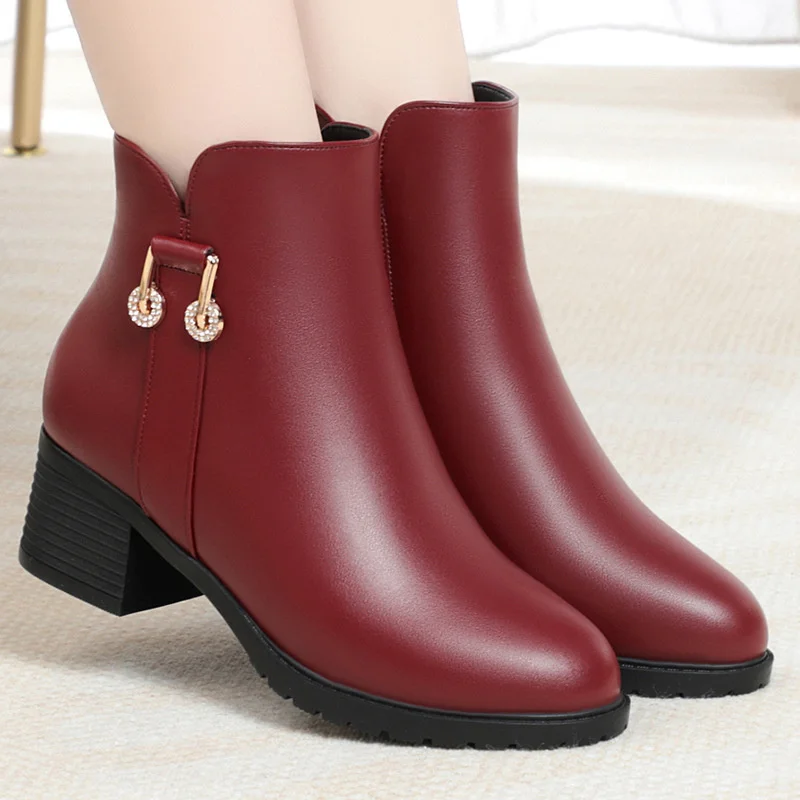 Women\'s Soft Leather Ankle Thick Heel Short Boots Casual Autumn Winter Thick  Shoes New  Korean Style Fashion Mom Boots