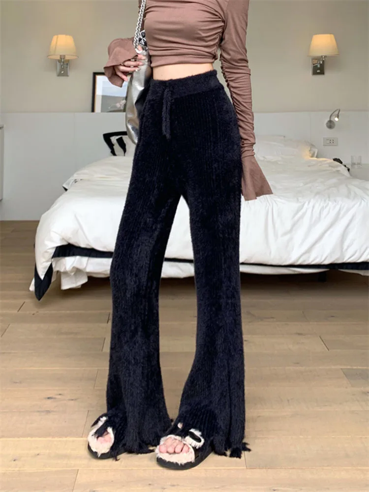 Black tassel thicken soft knit casual pants for women's autumn winter high waisted slim fitting straight tube micro flared pants