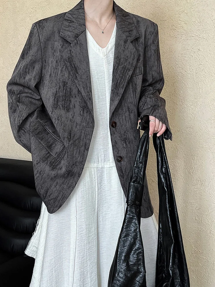 [EAM] Women Coffee Gray Vintage Big Size Casual Blazer New Lapel Long Sleeve Jacket Fashion Tide Spring Autumn 2024 1DH6835