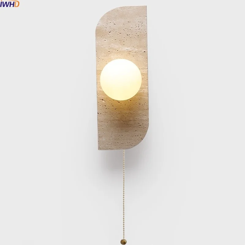 

IWHD белый стеклянный шар светодиодный настенный светильник интерьер 220 В 110 В ваби-саби дизайн желтый травертин современное зеркало для ванной комнаты светильник-палочка