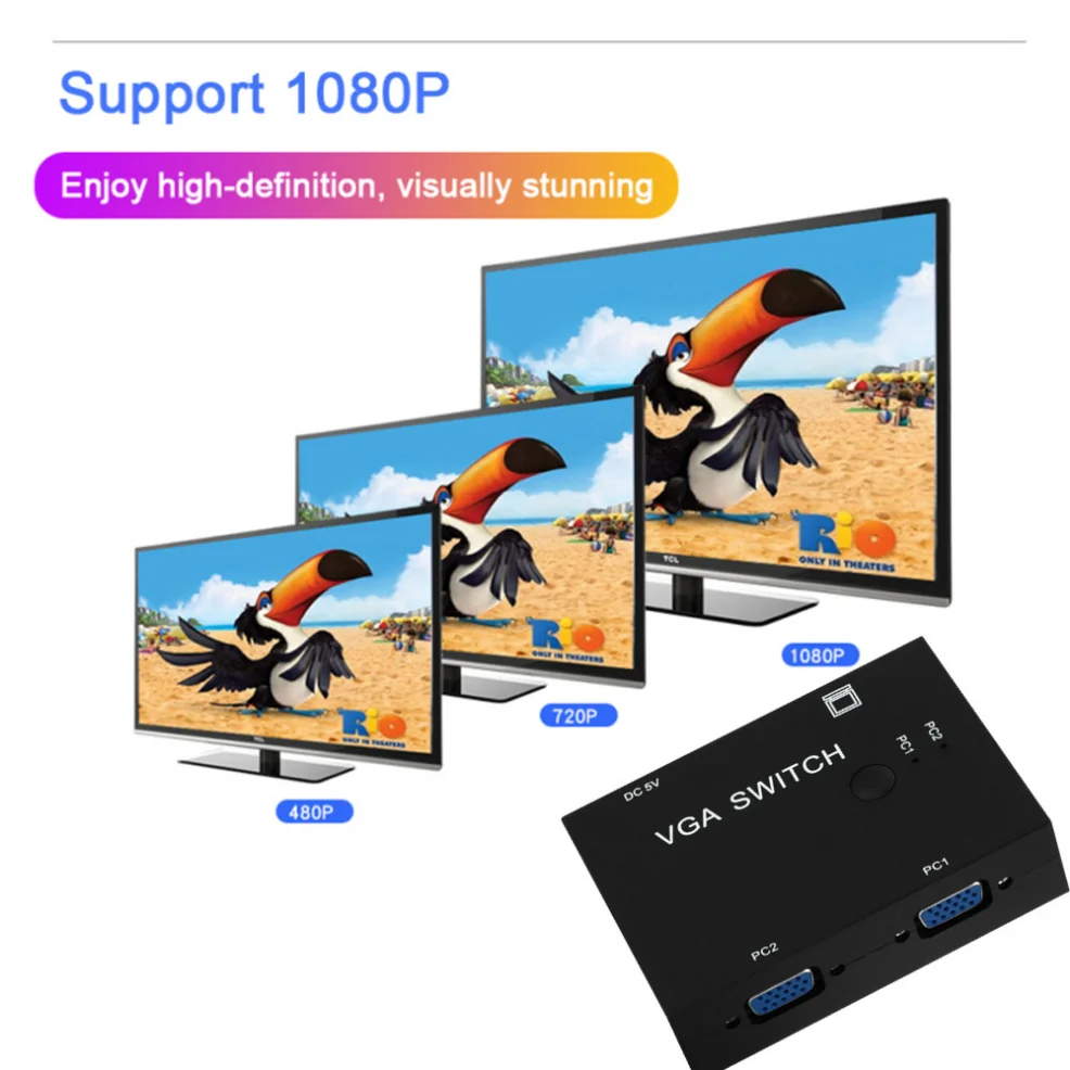 2 In 1 Out VGA Switch Splitter 2 Port VGA Video Converter Adapter 1080P VGA Cable Switcher For Projector Display PC TV Laptop