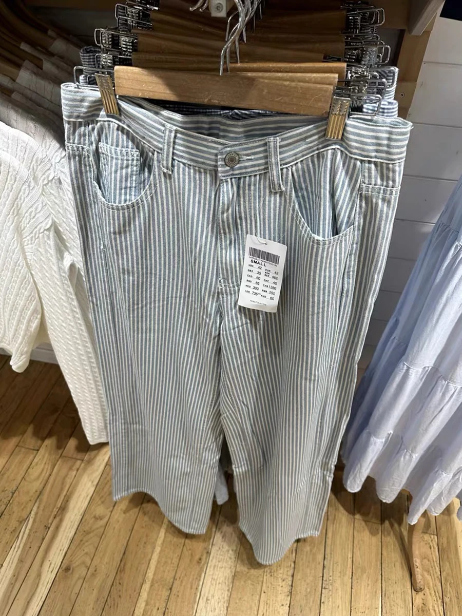 블루 스트라이프 데님 스트레이트 바지 여성 가을 ​​하이 웨이스트 루즈 와이드 레그 팬츠 아메리칸 빈티지 streetwear 캐주얼 바지 y2k