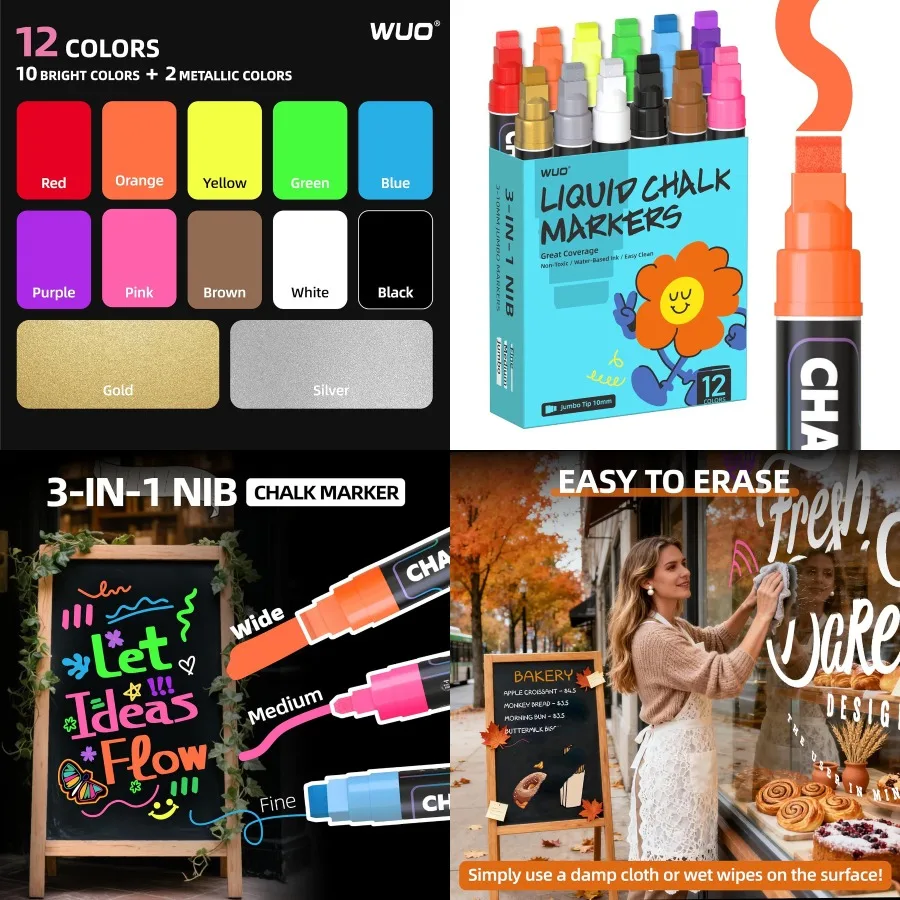 

Маркеры для оконного мела WUO, 12 цветов, автомобильные маркеры, 10 мм, 3 в 1, Jumbo, широкий наконечник, без пыли, нетоксичный стираемый маркер для досок для R