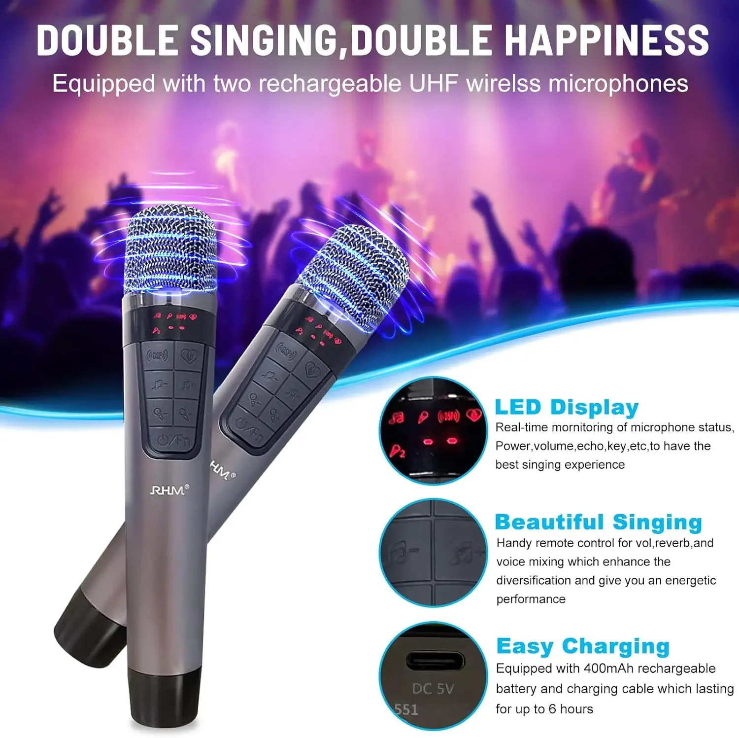 Macchina per karaoke RHM K222 con 2 microfoni wireless UHF e 5 modalità audio, supporto ottico/Bluetooth/AUX/USB/PC