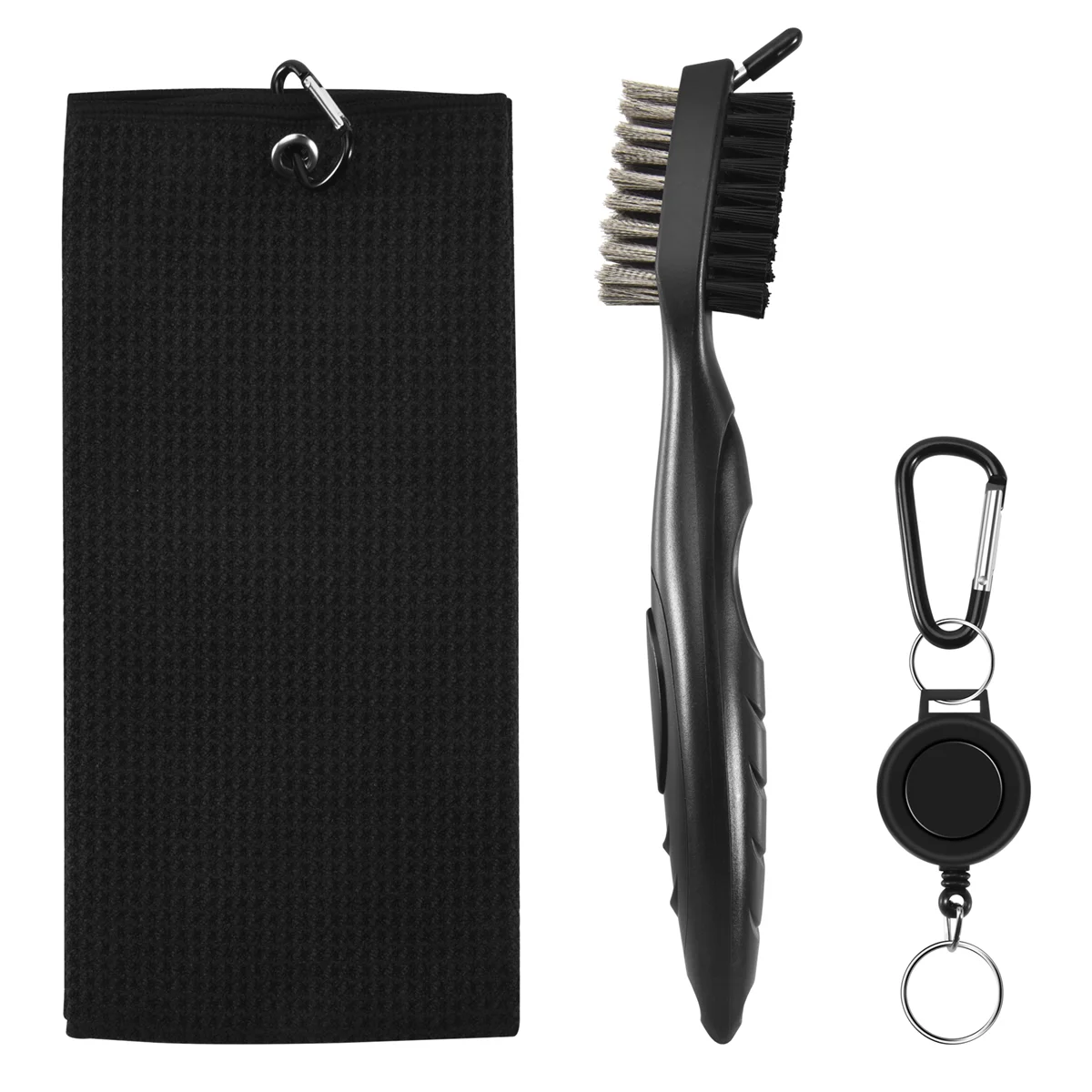 

Pure Cotton Golf Towel Brush Tool Kit with Club Groove Cleaner Retractable Extension Cord and Clip(Black)