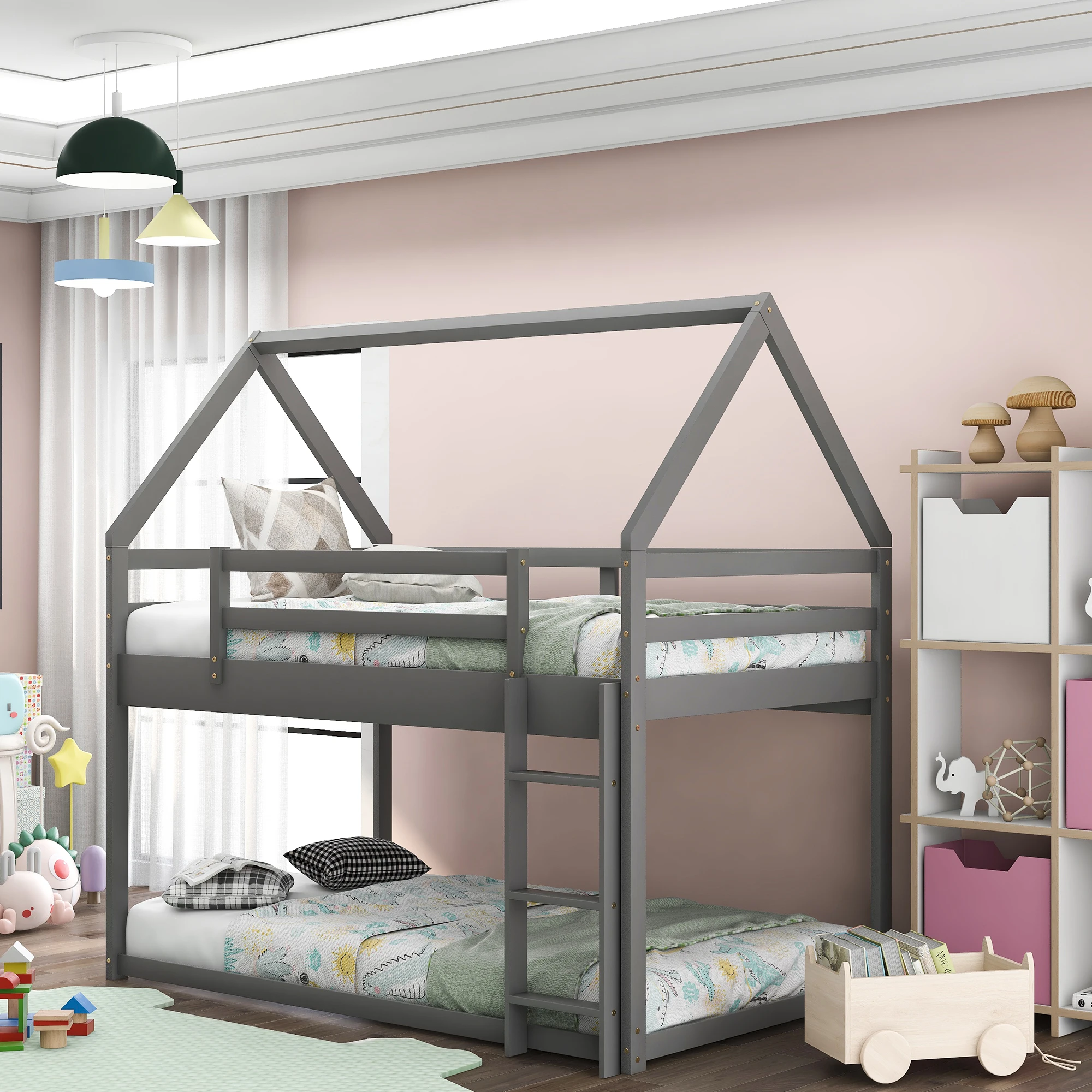 Twin Over Twin Low Bunk Bed, House Bed with Ladder, Grey  77.30x41.60x70.80 in.