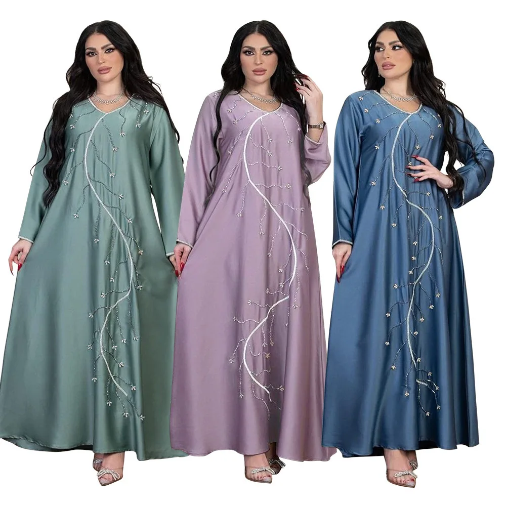 XQY500097 muslim diamond-encrusted dress, comfortable and loose, large hem robe, Arab women's dress