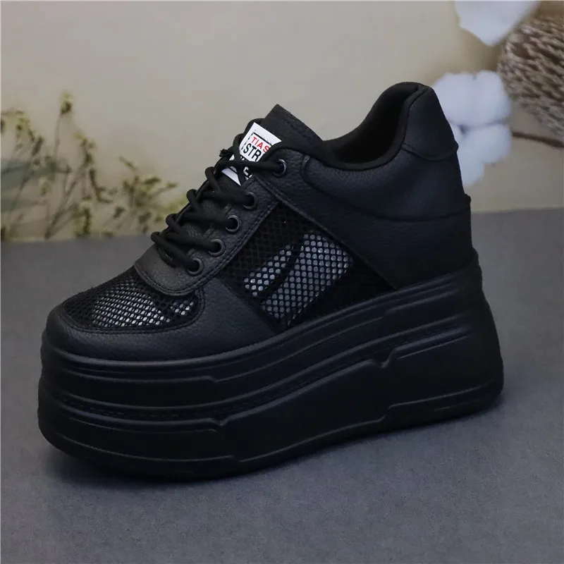 Women's Breathable Mesh Summer New Style Clear High Heels 12cm Platform Wedge Heel Black White Sneakers