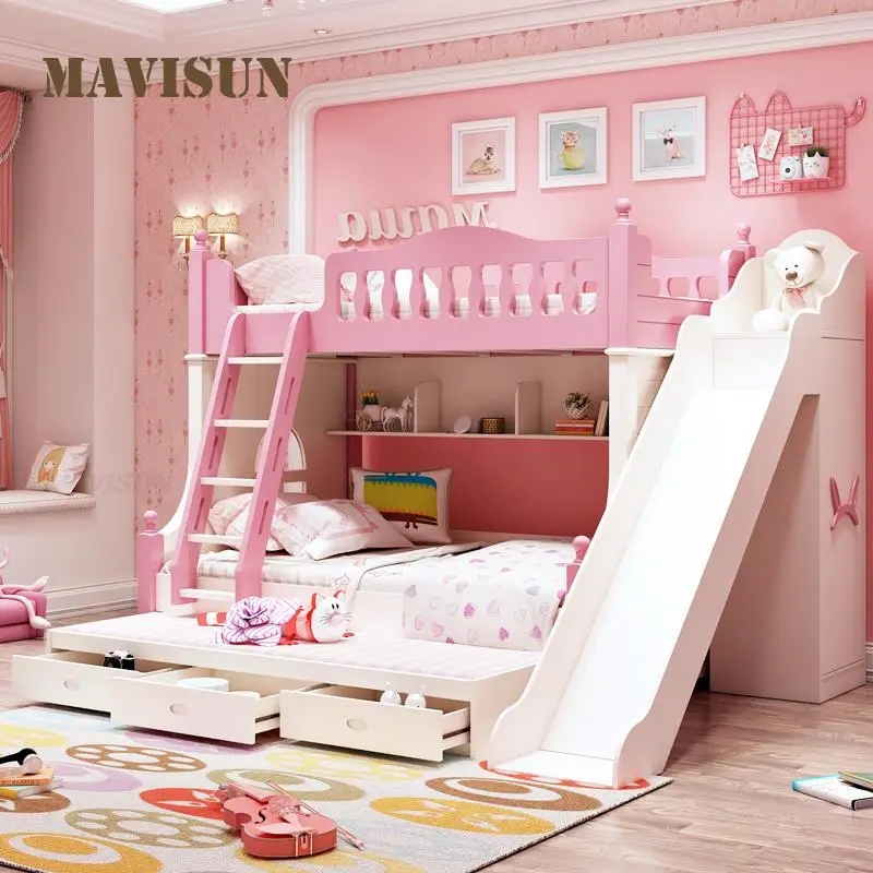 Koreaanse Stijl Kinderen Stapelbed Stapelbed Meisje Prinses Bed Met Bureau Garderobe Kinderkamer Meubels Combinatie set