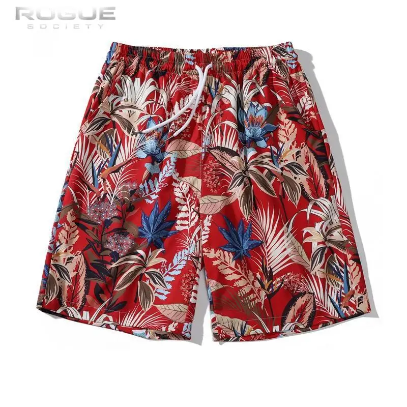 

Hawaiian Tropical Floral Print Men Casual Shorts Vacation Beachwear Streetwear Loose Summer Quick Dry Drawstring Harajuku HipHop