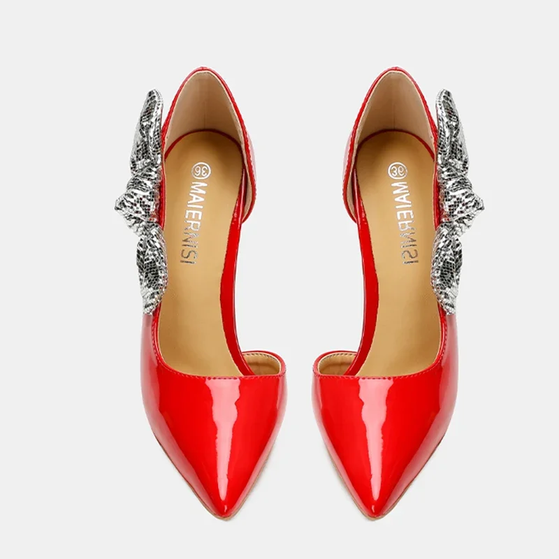 مصمم تألق Bowknot مضخات النساء الجانب قطع أشار تو 12 سنتيمتر سوبر عالية الكعب مثير لطيف الأسود براءات خنجر فستان الزفاف