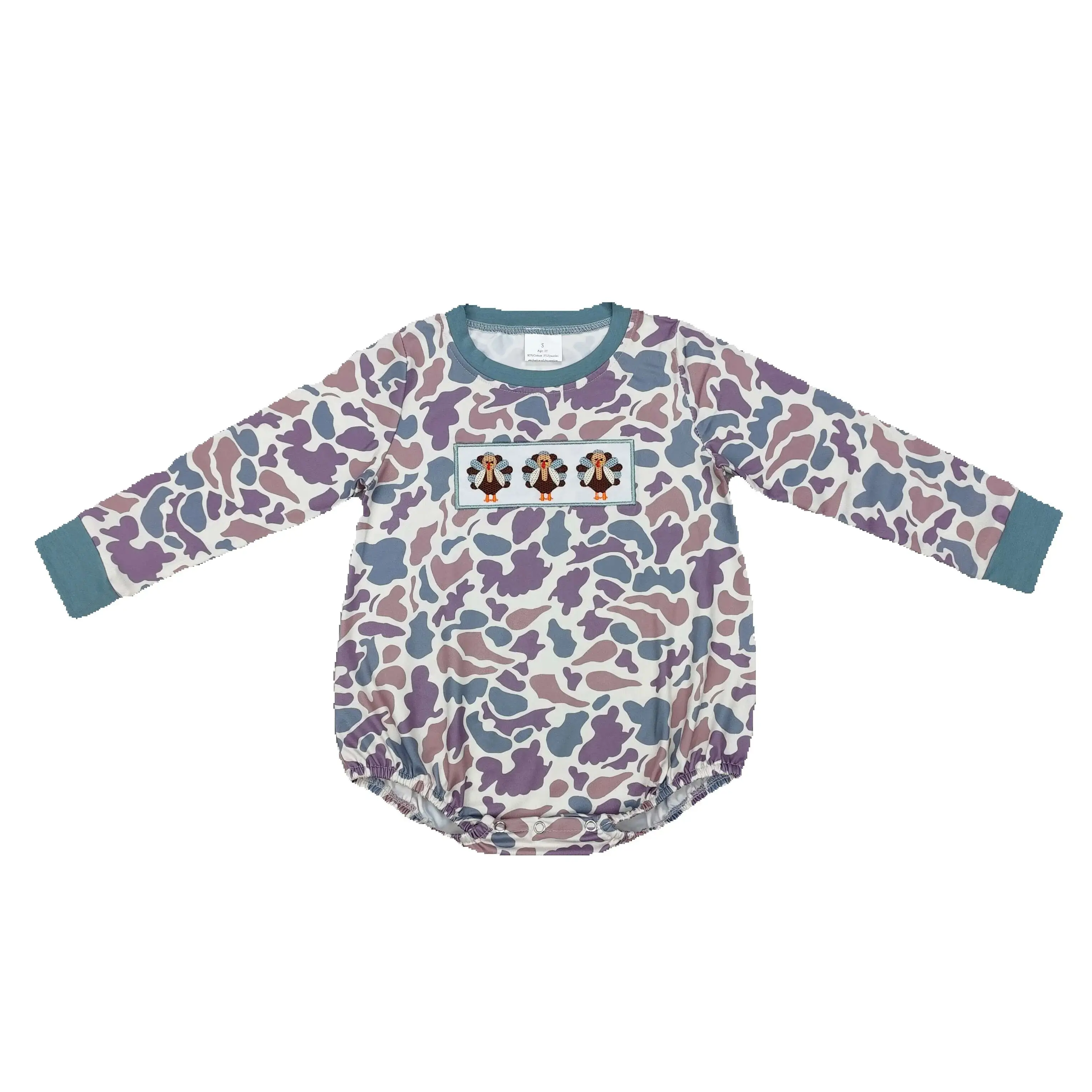 LR1847 Good Quality Baby Girl Clothes Long Sleeves Embroidery Turkey Camouflage Beige print blue With Jumpsuit Children Clothes