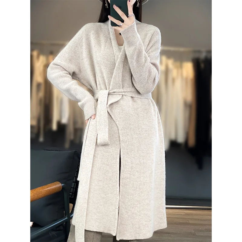 Autumn and winter new 100% pure wool sweater cardigan in long wool coat cashmere sweater fashion coat