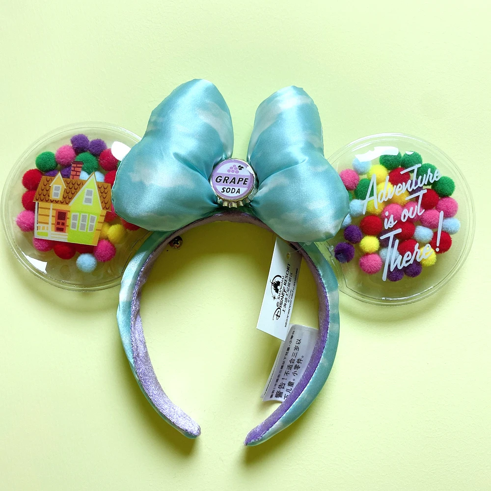 Disney UP Air Cushion Mickey Mouse Ears Headband Disneyland Cartoon Blue Sky “GRAPE SODA” Badge Plush Headwear Decoration Gift