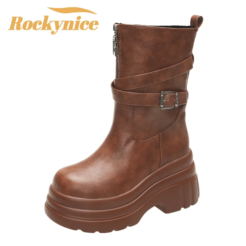 Platform Chunky Boots Women 9CM High Heels New 2024 Autumn Mid Calf Leather Sneakers Trend Winter Brown Motorcycle Boots Zapatos