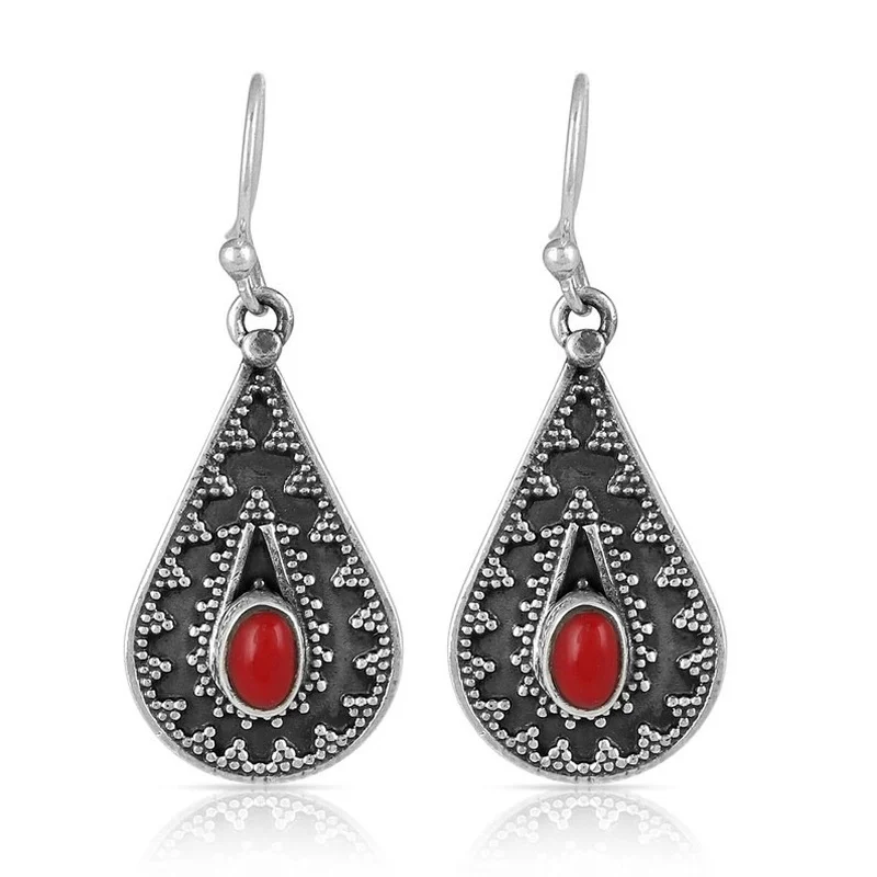 Ethnic Inlay Oval Red Stone Earrings Metal Silver Color Carving Retro Pattern Drop Dangle Earrings for Women Jewelry