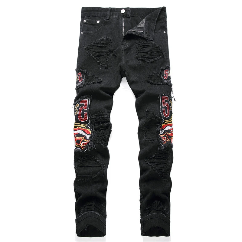 

Punk Style Ripped Stick Cloth Jeans Mid-Waist Embroidery Slim Street Fashion Biker Pants