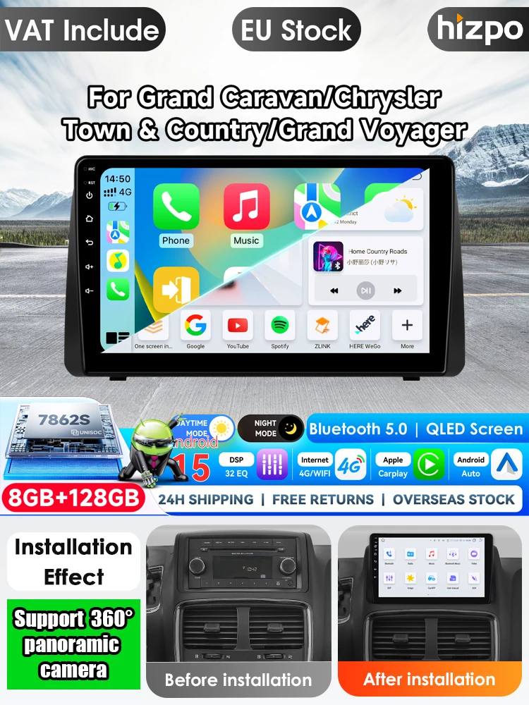 Android 15 Carplay Autoradio für Chrysler Grand Voyager 5, für Dodge Grand Caravan 2008 2011-2020, für Chrysler Town & Country 2011-2016, GPS Multimedia Stereo Haupteinheit, Intelligente