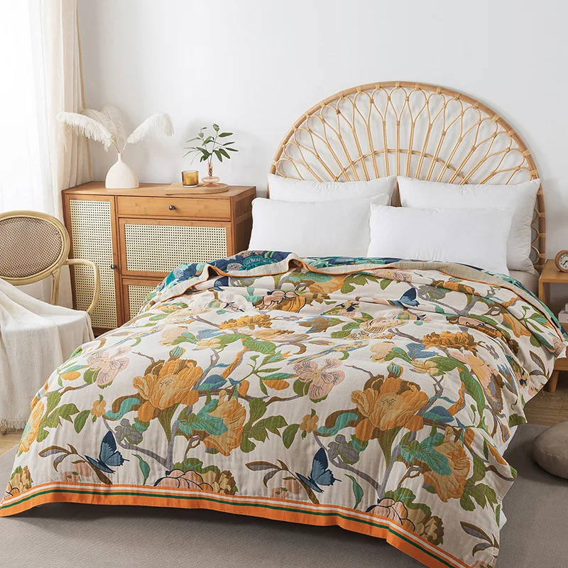 2026 New High-End Thickened Pure Cotton Gauze Modern Summer Nap Blanket Double Bed Cover Plants & Flowers Multifunctional