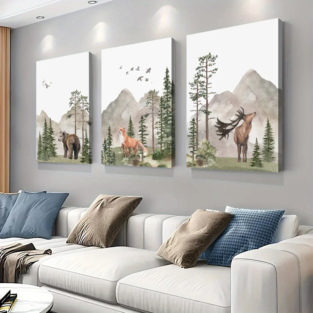 3-piece set of Nordic style forest animal canvas hanging paintings for children's rooms, bedroom wall decorations, bears and pin