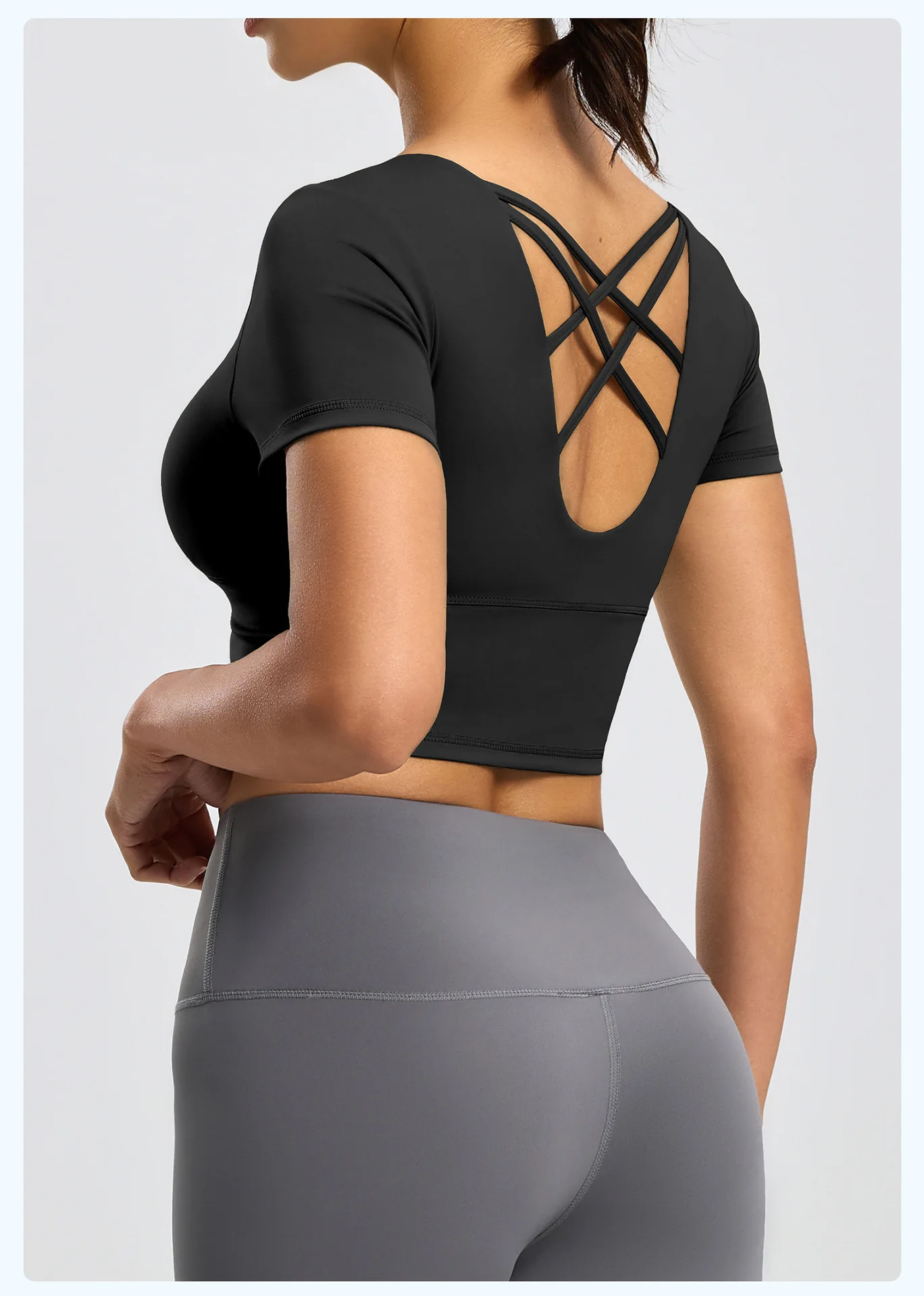 GlowChic Crisscross Back Yoga Top For Women Short Sleeve With Built In Bra Pads Gym Workout Running Fitness Casual Outfit
