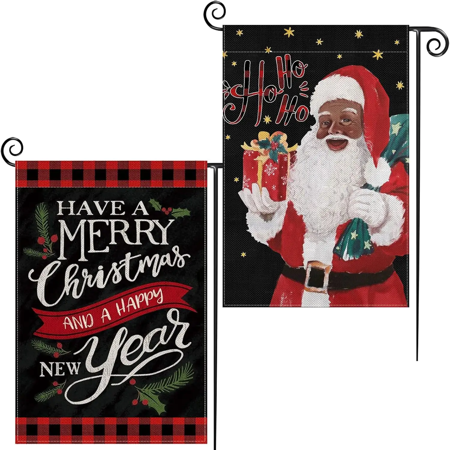 2 Pack Black Santa Claus Garden Flag, 12×18 Inch Double Sided Vertical Burlap Merry Christmas Garden Flag Buffalo Plaid Happy Ne