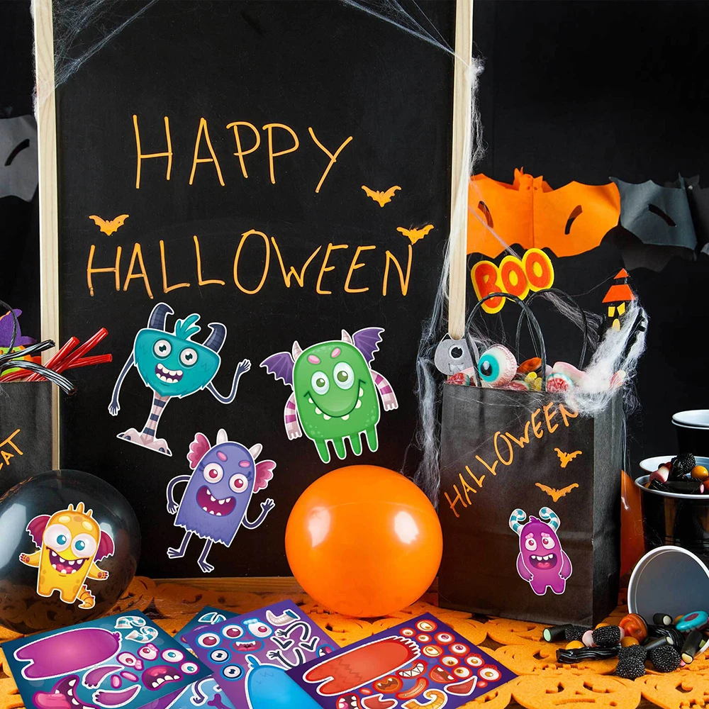 8/16Sheets Halloween Funny Monster Make a Face Puzzle Stickers Games For Kids Boys DIY Education Toys Cartoon Jigsaw Party Gifts