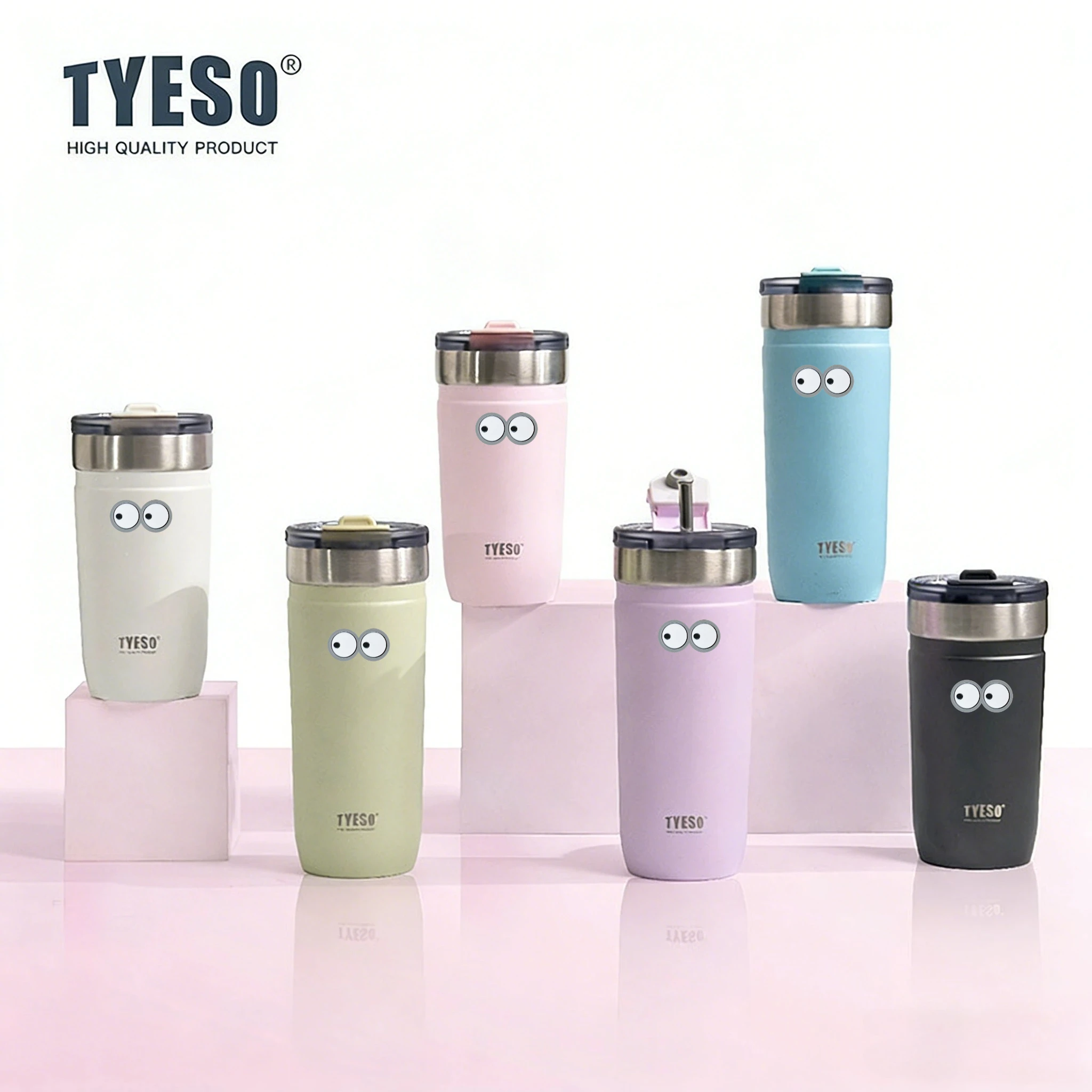 Tyeso 550ML 304 Stainless Steel Insulated Mug Matte Minimalist Tumbler with Straw Coffee Cup for Ice Drink Hot With Eye Sticker