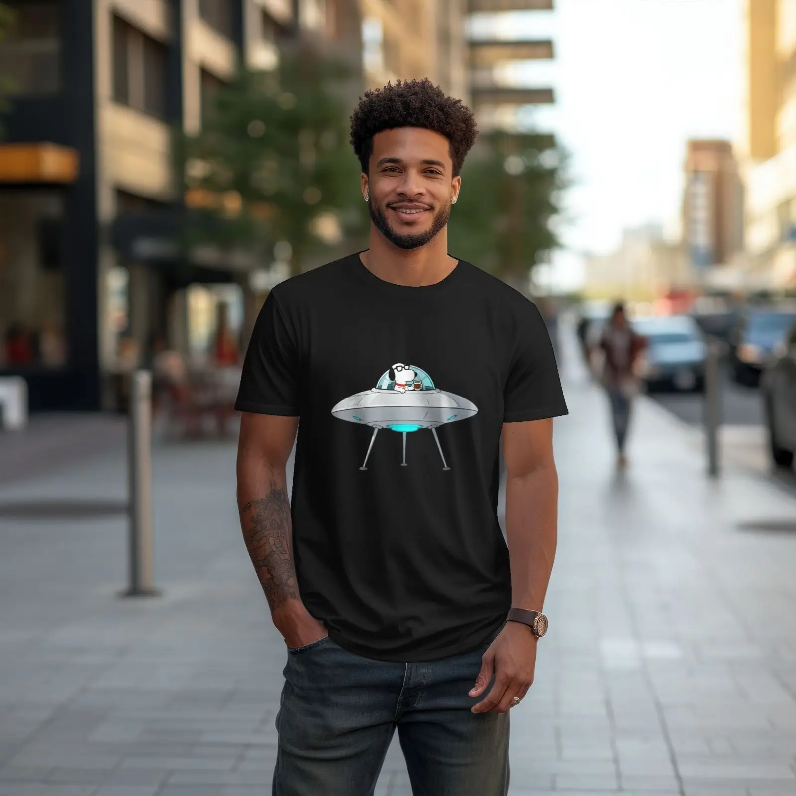 تي شيرت قطني مطبوع عليه كلب لطيف وسفينة الفضاء للرجال والنساء، تي شيرت رائع بأكمام قصيرة مريح وقابل للتنفس