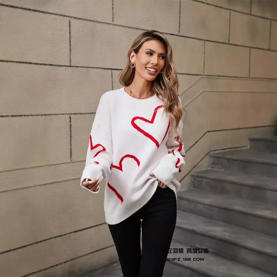 Round Neck Long Sleeve Love Pattern New Pullover Contrast Color Sweater Womens Spring Autumn Versatile Pullover Knitted Sweater 4