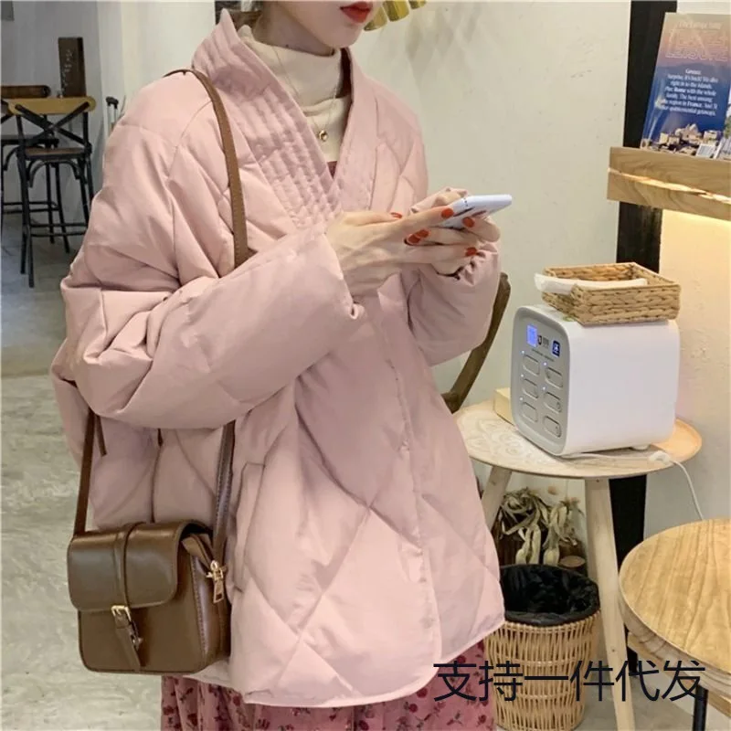 2024 New Women\'s Winter Retro Diamond Grid Cotton Jacket Loose College Style Lightweight Cotton Jacket