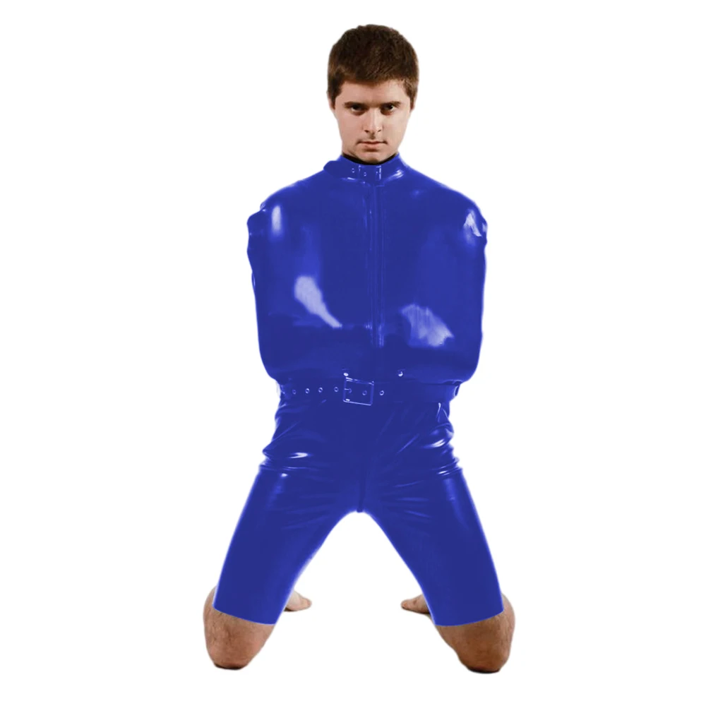 بدلة Catsuit من الجلد PVC ذات مظهر رطب للرجال، زي سيسي الغريب، بدلة عبودية برقبة وهمية، مفتوحة بين الرجلين مع حزام، بذلة #3