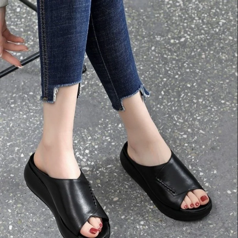 Women Summer Fashion Wedge Platform Slippers Female PU Outdoor Vintage Anti-slip Leather Casual Female Platform Zapatos De Mujer