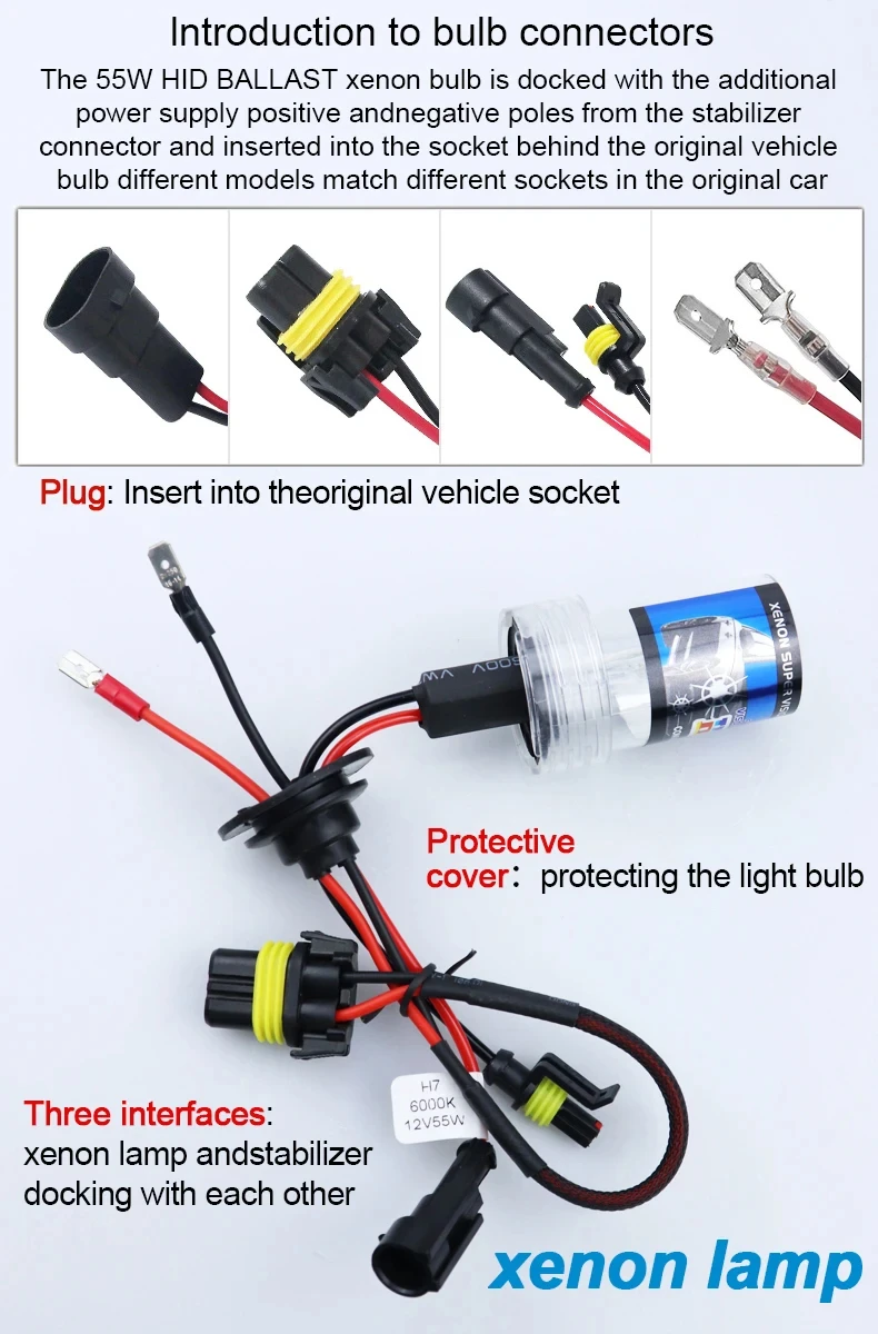 Os bulbos ESCONDIDOS do farol do xênon, 55W, H7, H4, H11, H1, 9005, 9006, HB4, auto farol, C. C. 12V, 6000K, substituem a lâmpada do halogênio, 2 PCes