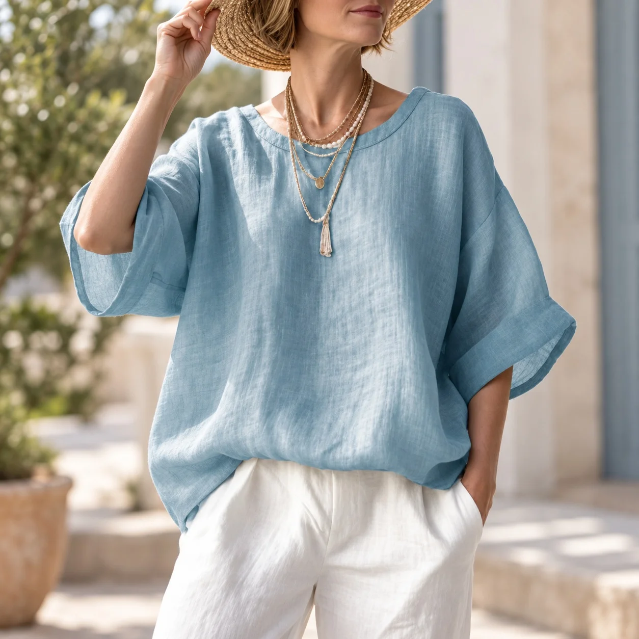Loose Fit Round Neck Shirt Artistic Retro with Slightly Stretchy Cap Sleeves Elegant Regular Sleeve Spring Blouse Women Blouse