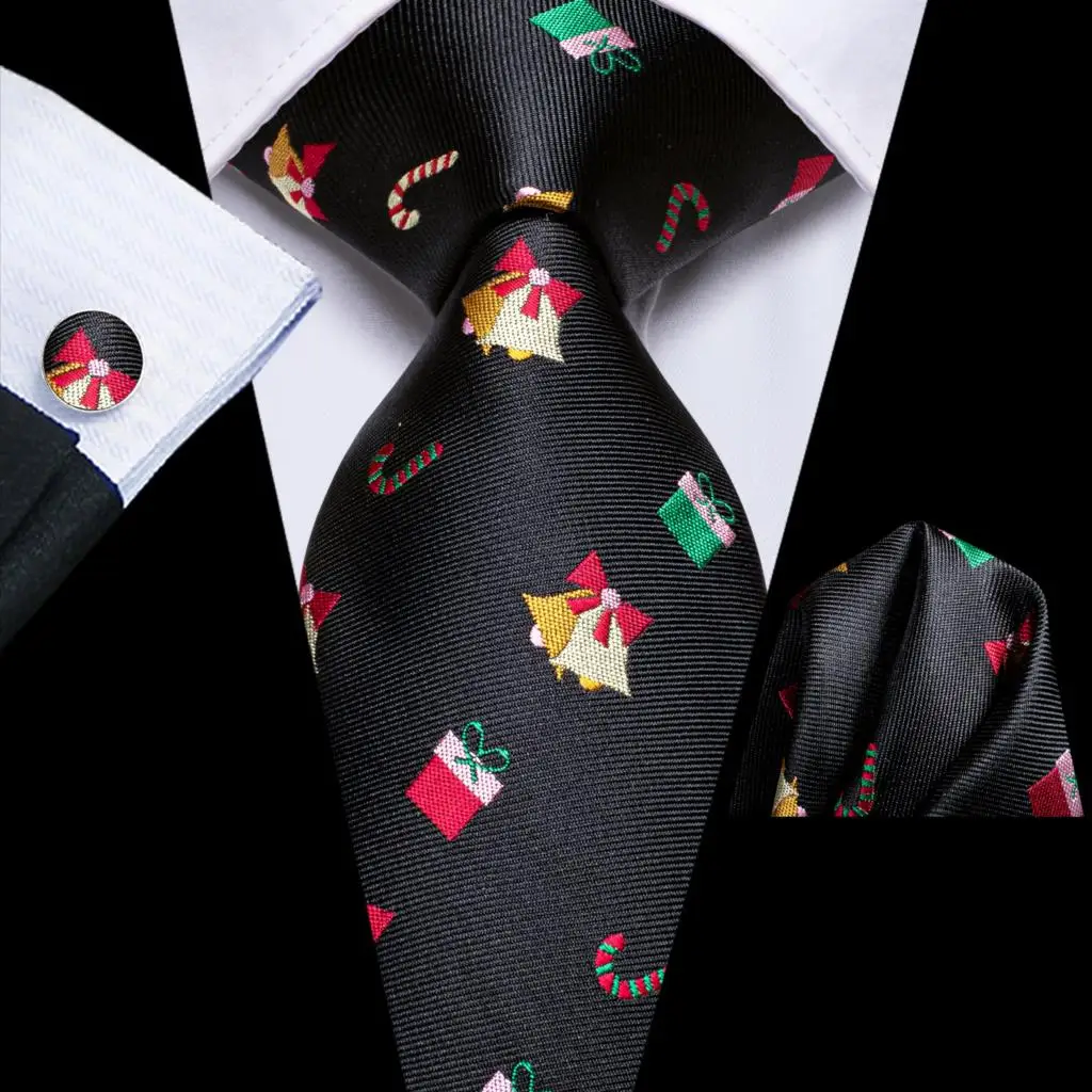 Corbata de seda negra de Navidad para hombre, conjunto de mancuernas a mano para fiesta de negocios, diseño de hi-tie, regalo